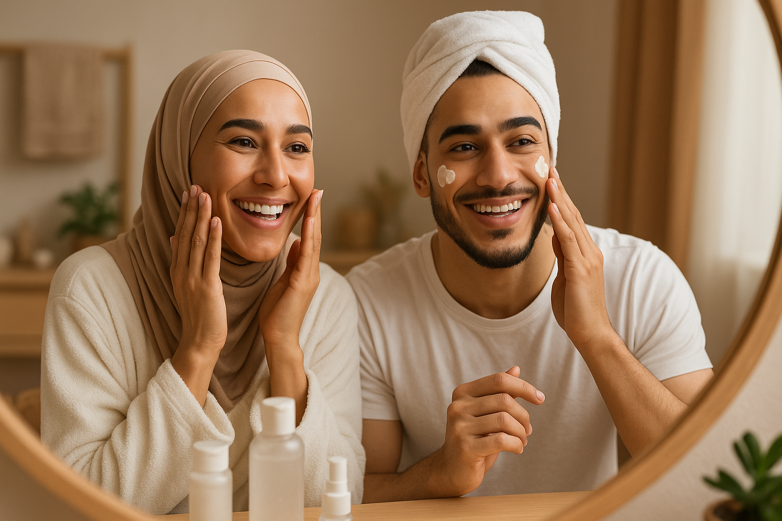 cría un banner de una mujer y un hombre árabes  sonriendo en un espejo cuidando de su piel